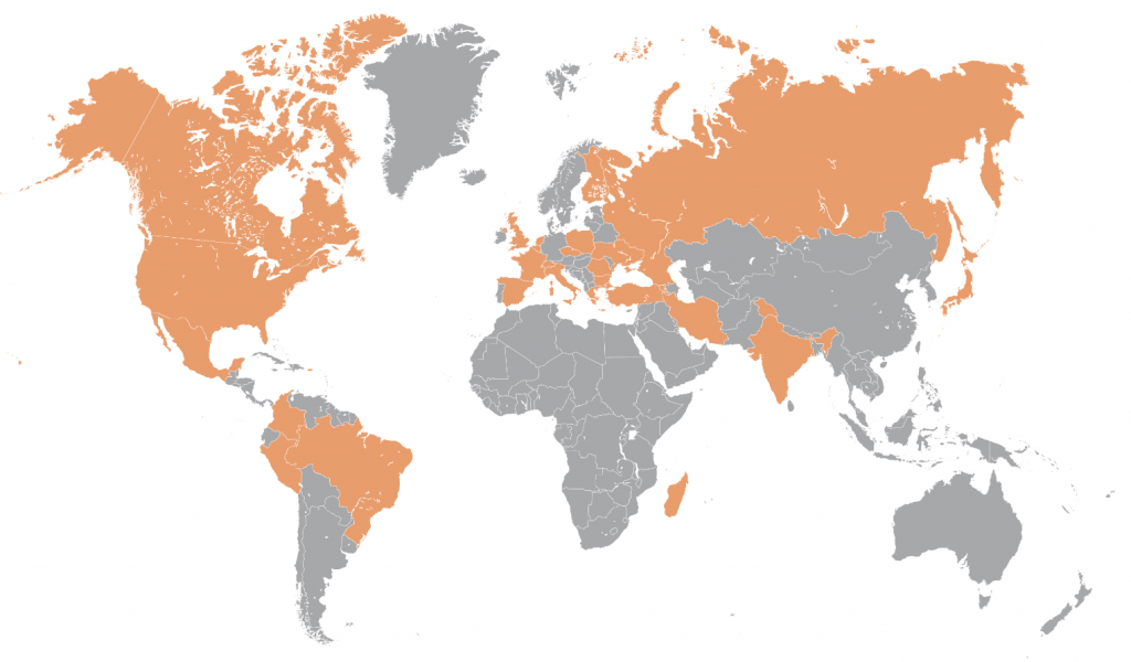 Map of International Collaboration of the DUNE Project (Countries participating are highlighted in orange)